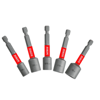 The DIABLO DNTSL-S5 2-9/16 in. Magnetic Nut Driver Assorted Pack (5-Piece) features torque-resistant, upright drivers with hexagonal bases and labeled red stickers in sizes 1/4, 3/8, 5/16, 7/16, and 1/2. Perfect for power tools.