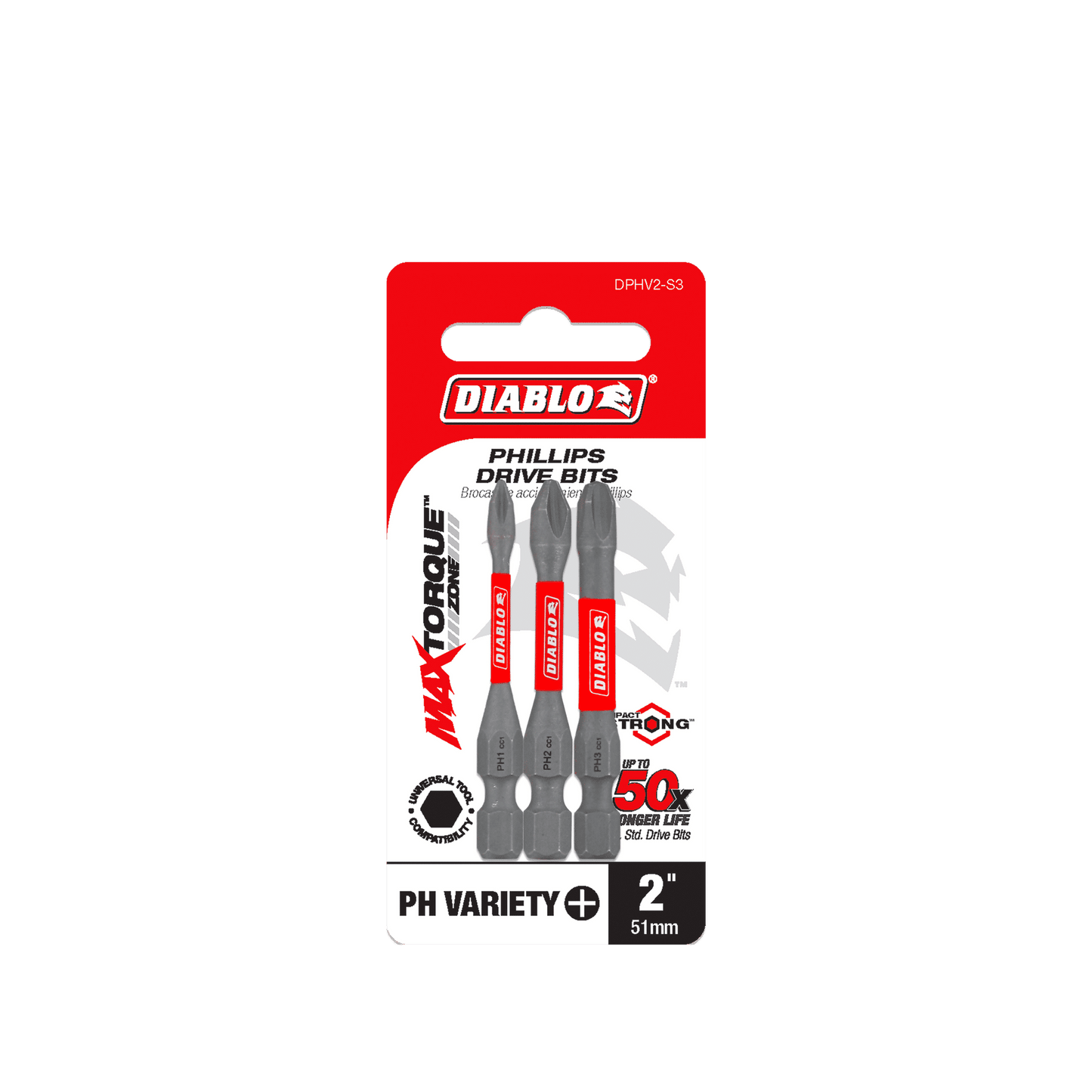 The Diablo DPHV2-S3 2 in. Assorted Phillips Drive Bits (3-Piece) feature a MAXTORQUE design, PH VARIETY, promise up to 50% more torsion with Impact Strong™ technologys MaxTorque Zone, show Trione Coating in red and white packaging.