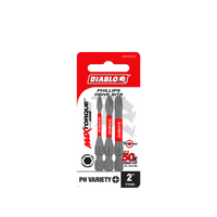 The Diablo DPHV2-S3 2 in. Assorted Phillips Drive Bits (3-Piece) feature a MAXTORQUE design, PH VARIETY, promise up to 50% more torsion with Impact Strong™ technologys MaxTorque Zone, show Trione Coating in red and white packaging.