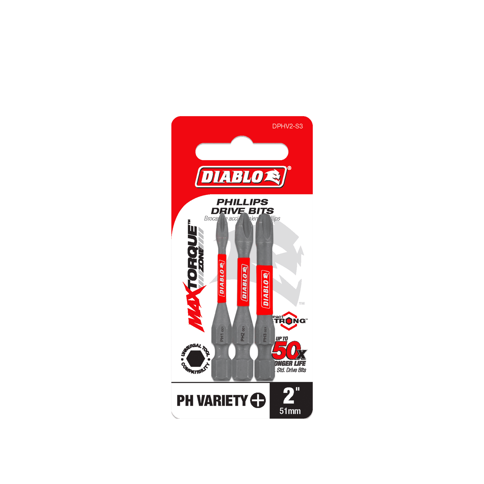 The Diablo DPHV2-S3 2 in. Assorted Phillips Drive Bits (3-Piece) feature a MAXTORQUE design, PH VARIETY, promise up to 50% more torsion with Impact Strong™ technologys MaxTorque Zone, show Trione Coating in red and white packaging.