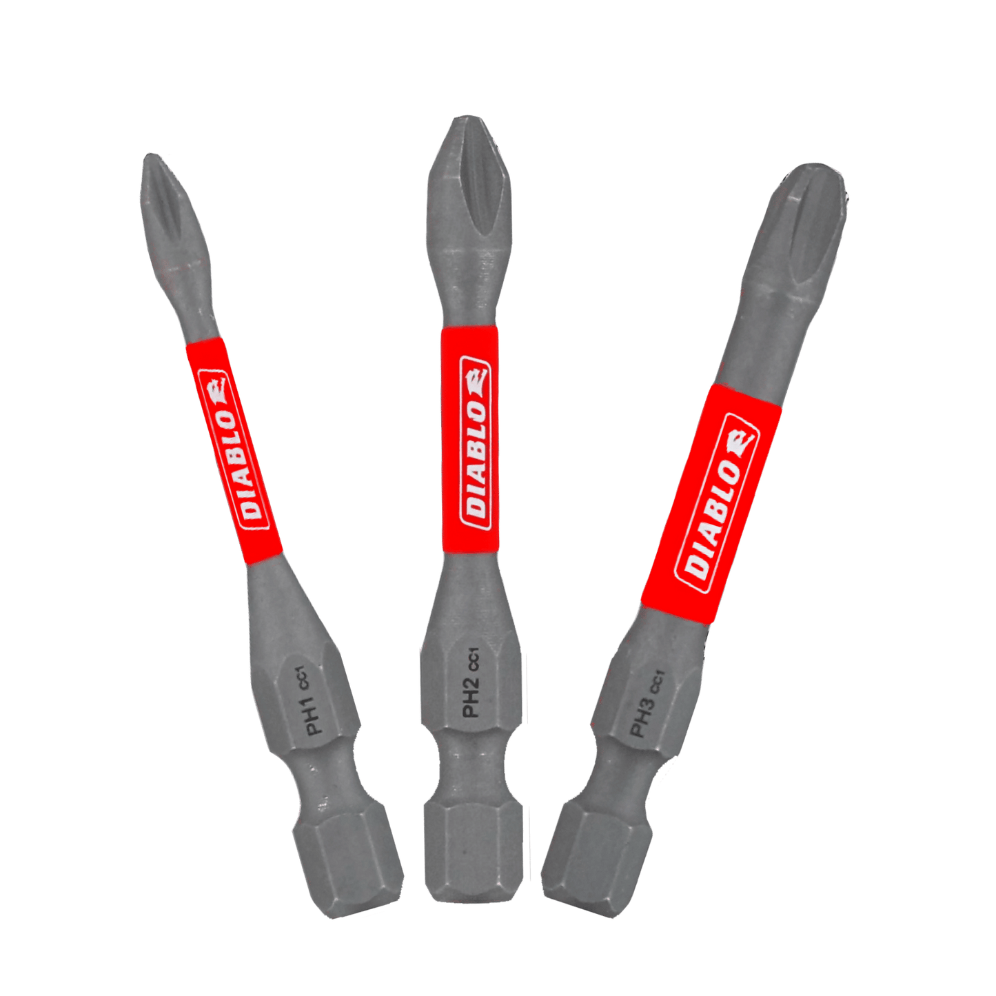 Three DIABLO DPHV2-S3 2 in. Phillips drive bits with hexagonal shanks and pointed heads, featuring red branding labels. Designed with MaxTorque Zone technology for enhanced performance, these Impact Strong™ bits from Diablo are shown fan-arranged on a white background.