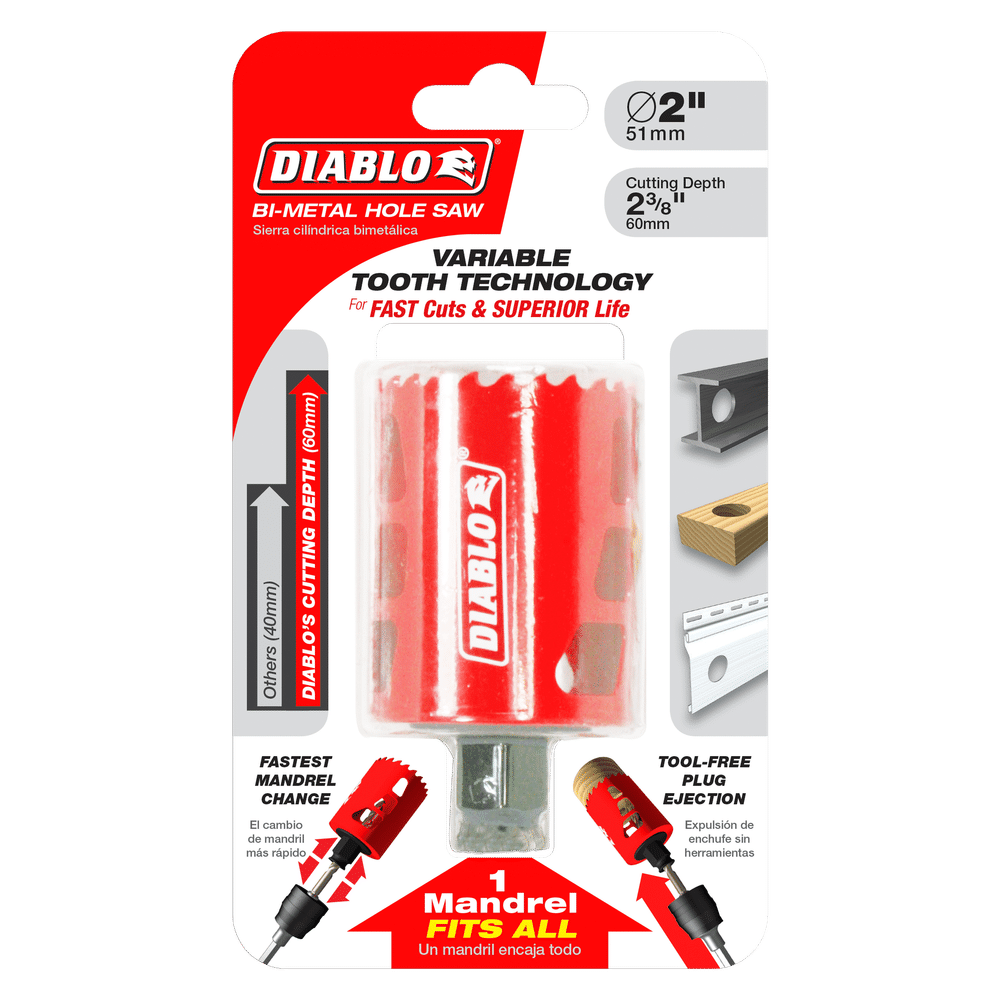 The DIABLO DHS2000 High Performance Hole Saw, with a 2-inch diameter and 2-3/8-inch depth, features variable tooth technology for efficient cutting and a Snap-Lock Plus mandrel system for tool-free plug ejection, all packaged in striking red and white.