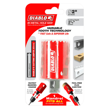 The DIABLO DHS2000 High Performance Hole Saw, with a 2-inch diameter and 2-3/8-inch depth, features variable tooth technology for efficient cutting and a Snap-Lock Plus mandrel system for tool-free plug ejection, all packaged in striking red and white.