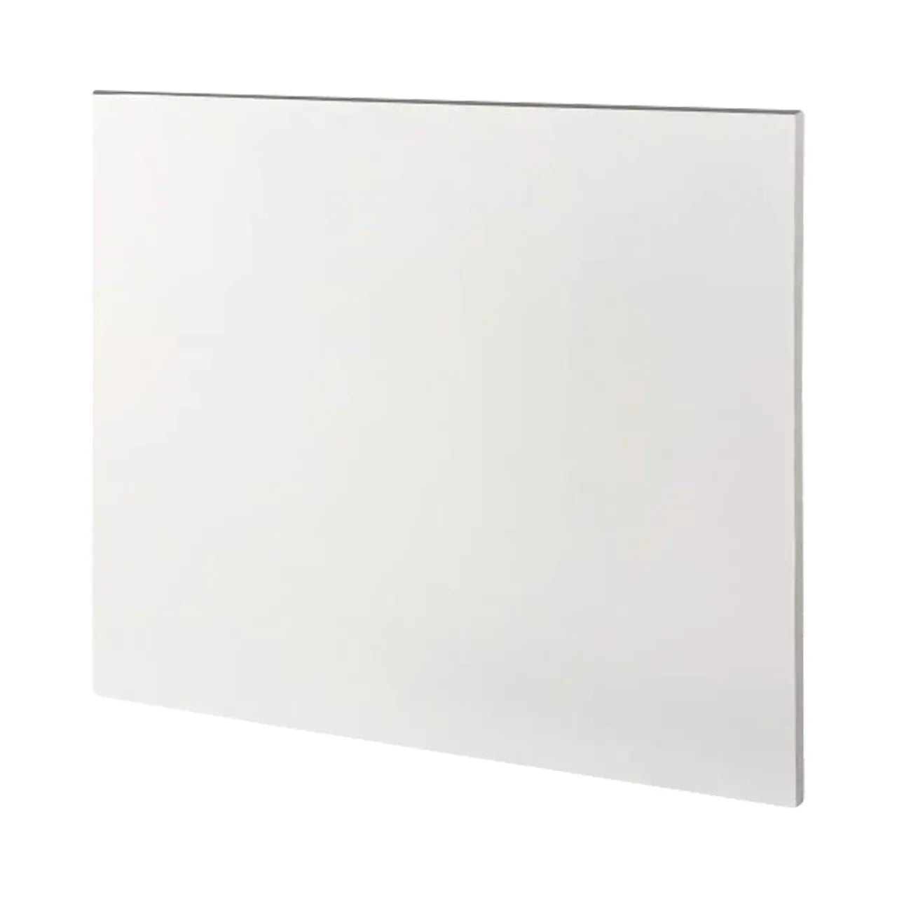 A plain, white rectangular glass panel with a thin black edge is shown against a white background. It is slightly angled, revealing its flat surface and glossy finish similar to the Go Build 1/2 in x 4 ft. x 8 ft. PVC Sheet - White, known for moisture resistance. The panel has no visible markings or features.