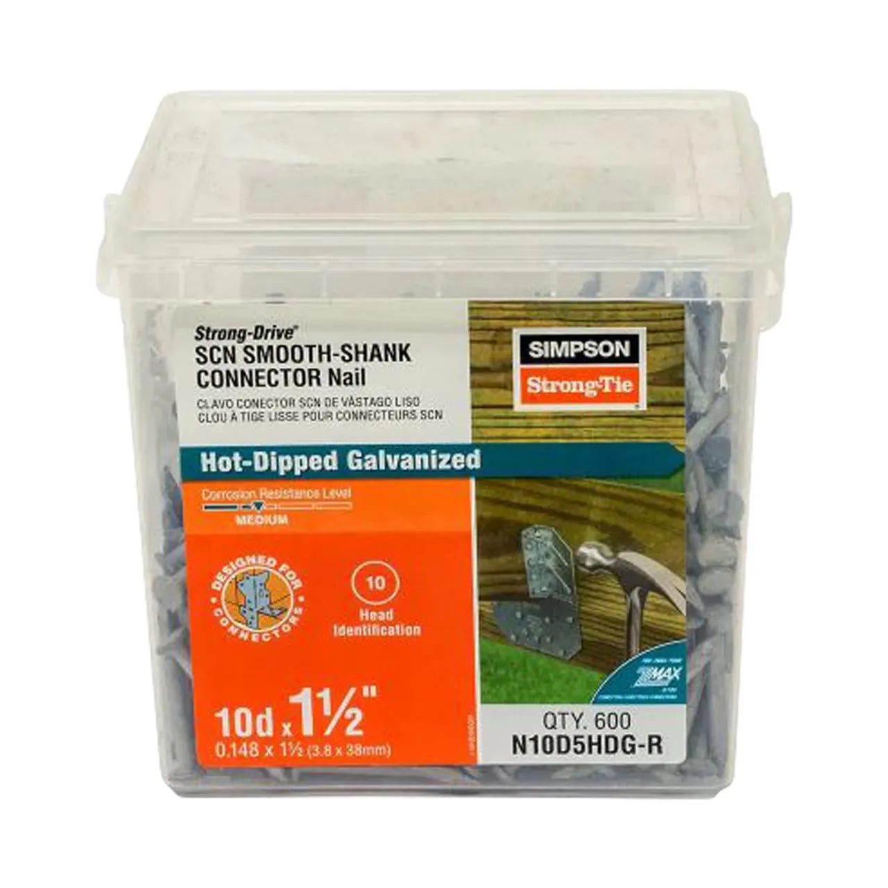 A clear plastic container labeled Strong-Drive 1-1/2 in. x 0.148 in. SCN Smooth-Shank HDG Connector Nail (600-Pack) from Go Build holds nails with a corrosion resistance of level 10.