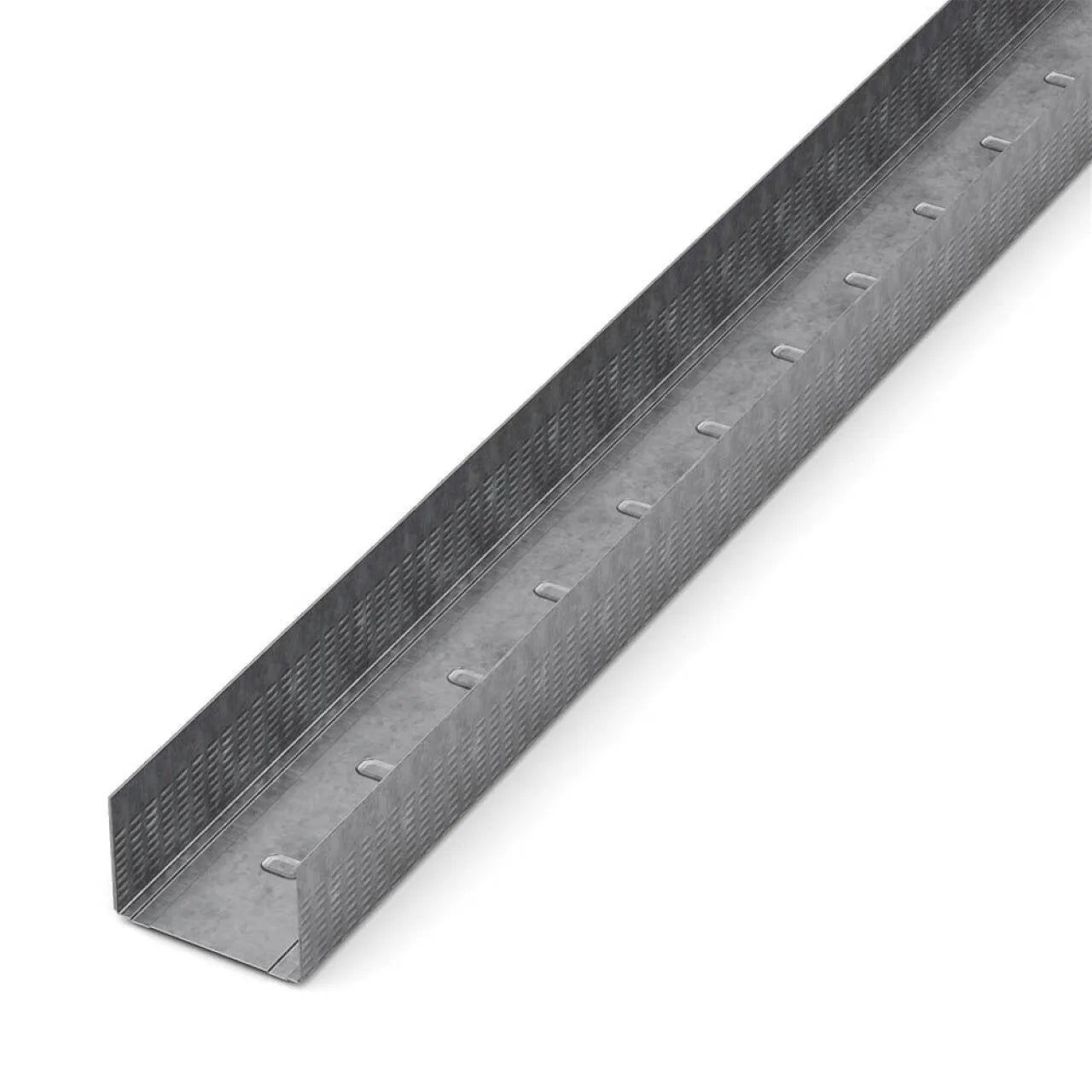 Close-up of a long, metal U-shaped Go Build 2-1/2x10 Track with 1-1/4 leg, made from 20-gauge galvanized steel. It has evenly spaced slots and a grid-like surface texture for enhanced durability and reliability in construction.