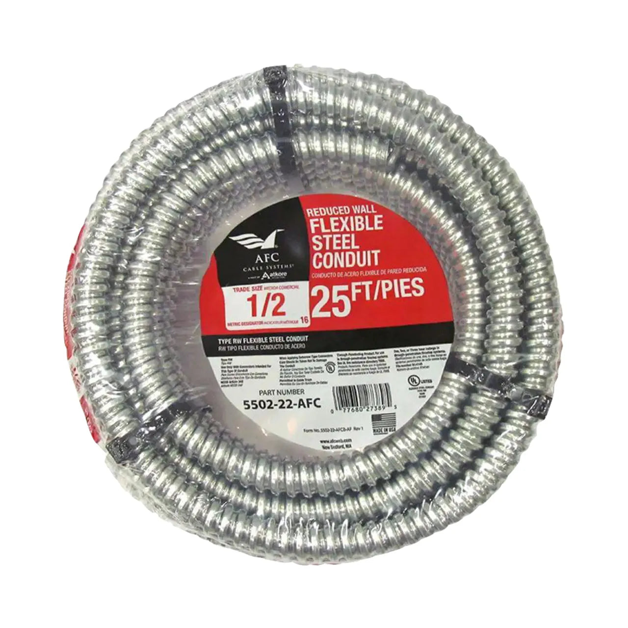 Go Builds 1/2 in. x 25 ft. flexible steel conduit is made from galvanized, low-carbon steel with a reduced wall design, perfect for electrical use. Its neatly packaged in clear wrapping for easy handling, offering the fastest way to build.