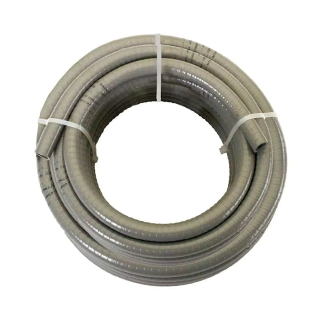 A 1/2 in. x 25 ft. gray, ribbed flexible conduit with a rugged PVC jacket is securely fastened by white ties and crafted by Go Build, The Fastest Way To Build.