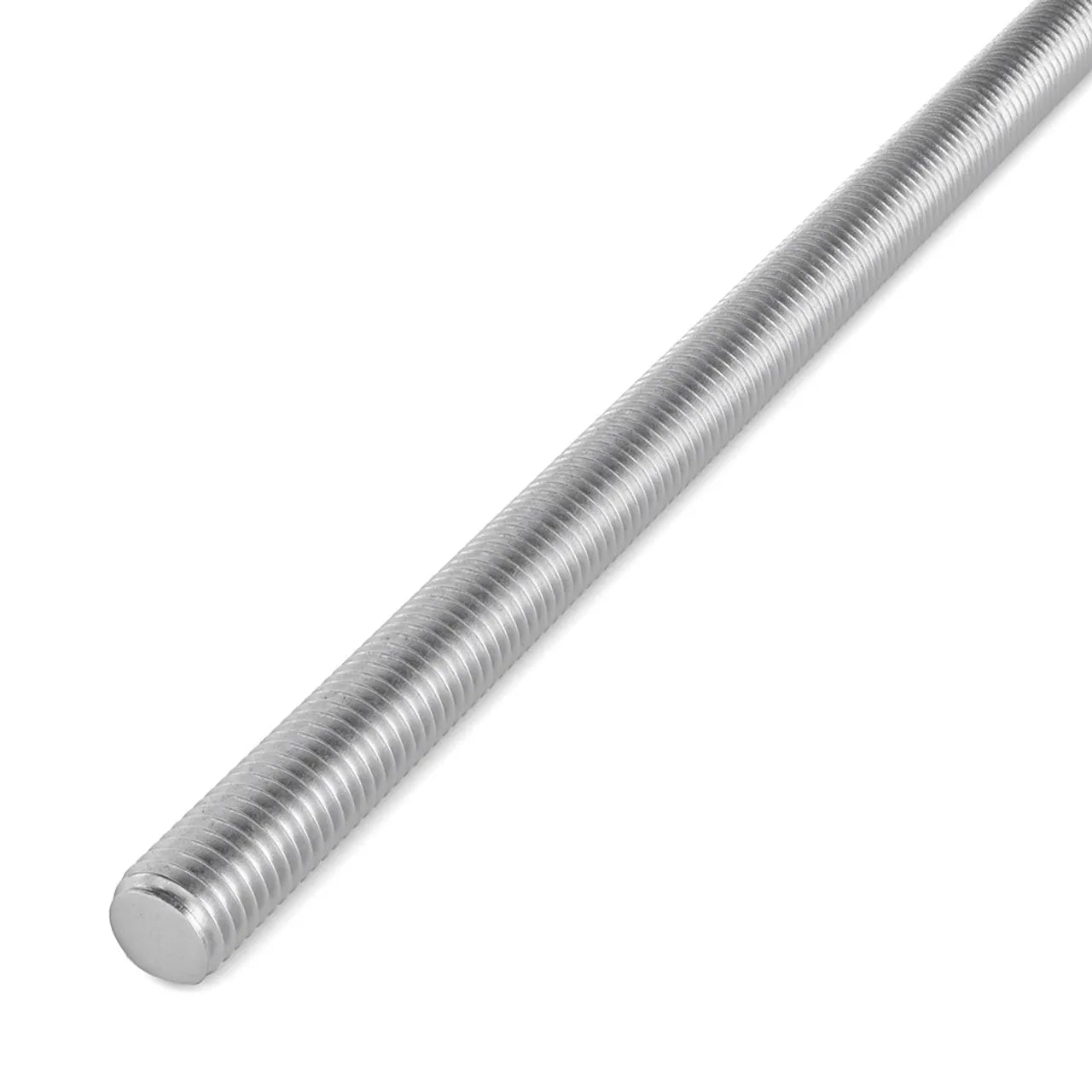 The 1/4 in. x 10 ft. Galvanized Threaded Rod by Go Build is displayed against a white background, featuring grooves for fastening along its solid steel cylindrical shape.