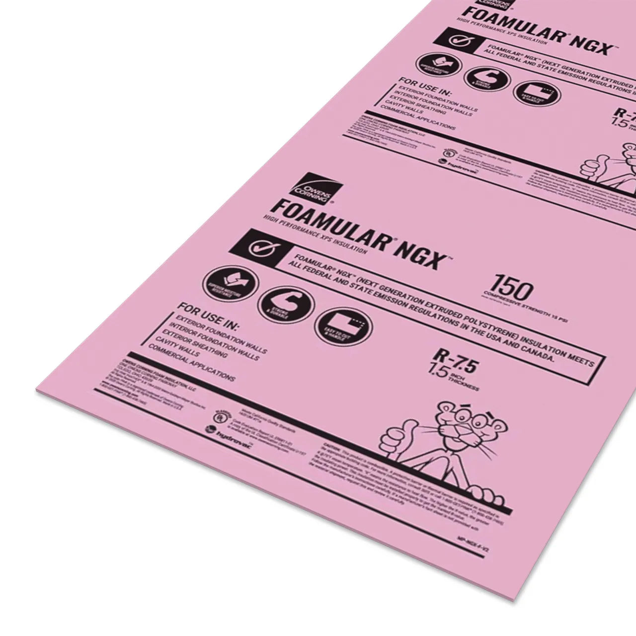 A pink Go Build insulation board with the brand FORMULAR150 NGX features black text, icons, and a cartoon character, emphasizing energy efficiency with specs and uses for this 1-1/2 in. x 4 ft. x 8 ft. R-7.5 rigid board.