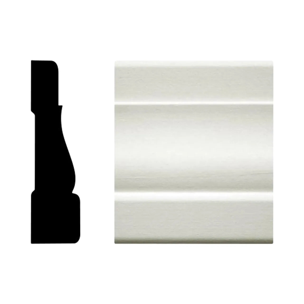 The Go Build 11/16 in. x 2 1/2 in. x 84 in. Pine Primed Finger-Jointed Casing, featuring a curved design with a prominent groove, is ideal for decorating door and window openings. Displayed on the right with its silhouette outline on the left against a white background.