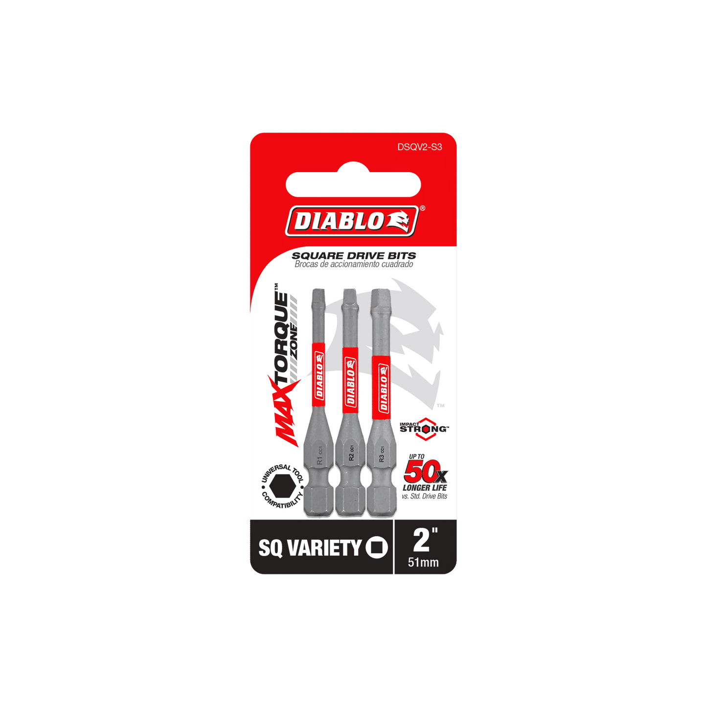 The Diablo DSQV2-S3 2 in. Square Drive Bit Assorted Pack (3-Piece) features three 51mm Impact Strong™ square bits with a MaxTorque Zone design for a 50x longer life, all in eye-catching red packaging with the iconic Diablo logo.