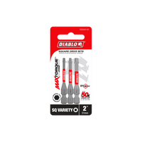 The Diablo DSQV2-S3 2 in. Square Drive Bit Assorted Pack (3-Piece) features three 51mm Impact Strong™ square bits with a MaxTorque Zone design for a 50x longer life, all in eye-catching red packaging with the iconic Diablo logo.