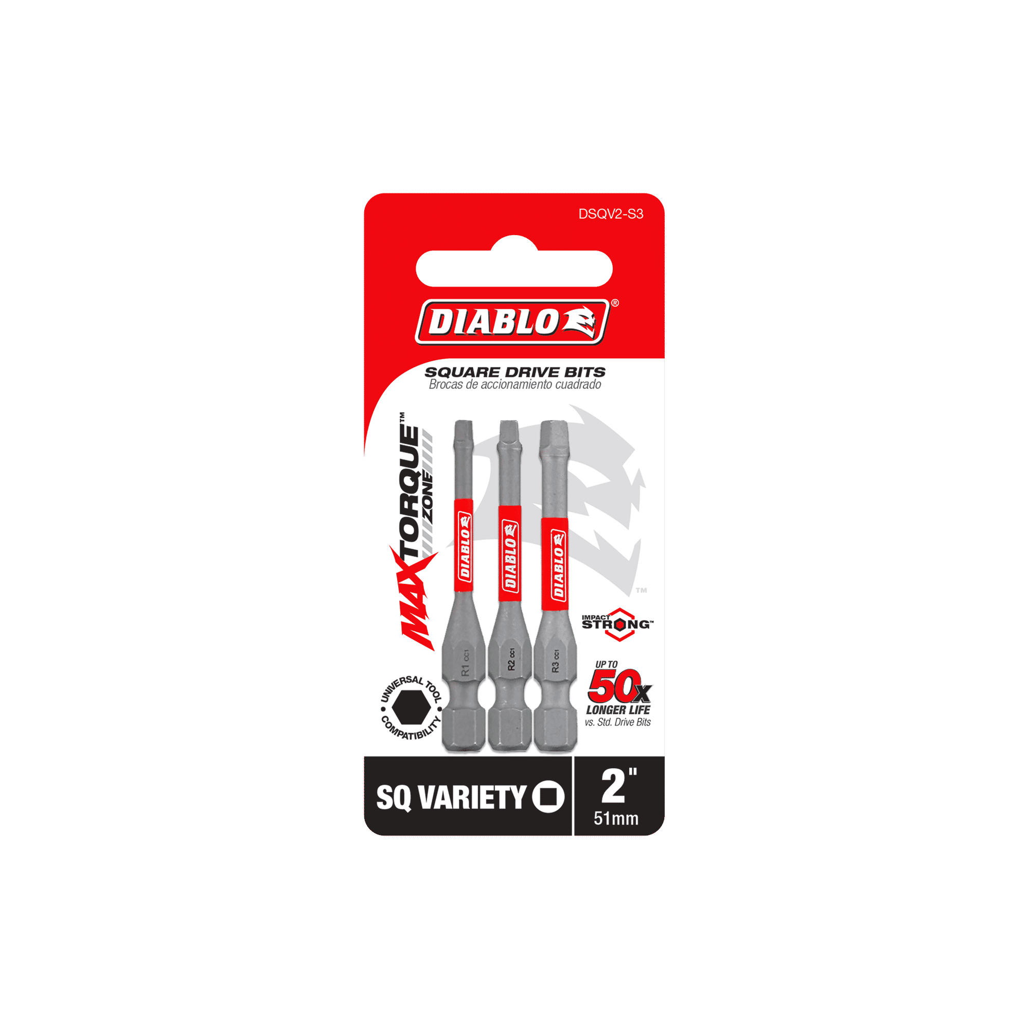 The Diablo DSQV2-S3 2 in. Square Drive Bit Assorted Pack (3-Piece) features three 51mm Impact Strong™ square bits with a MaxTorque Zone design for a 50x longer life, all in eye-catching red packaging with the iconic Diablo logo.