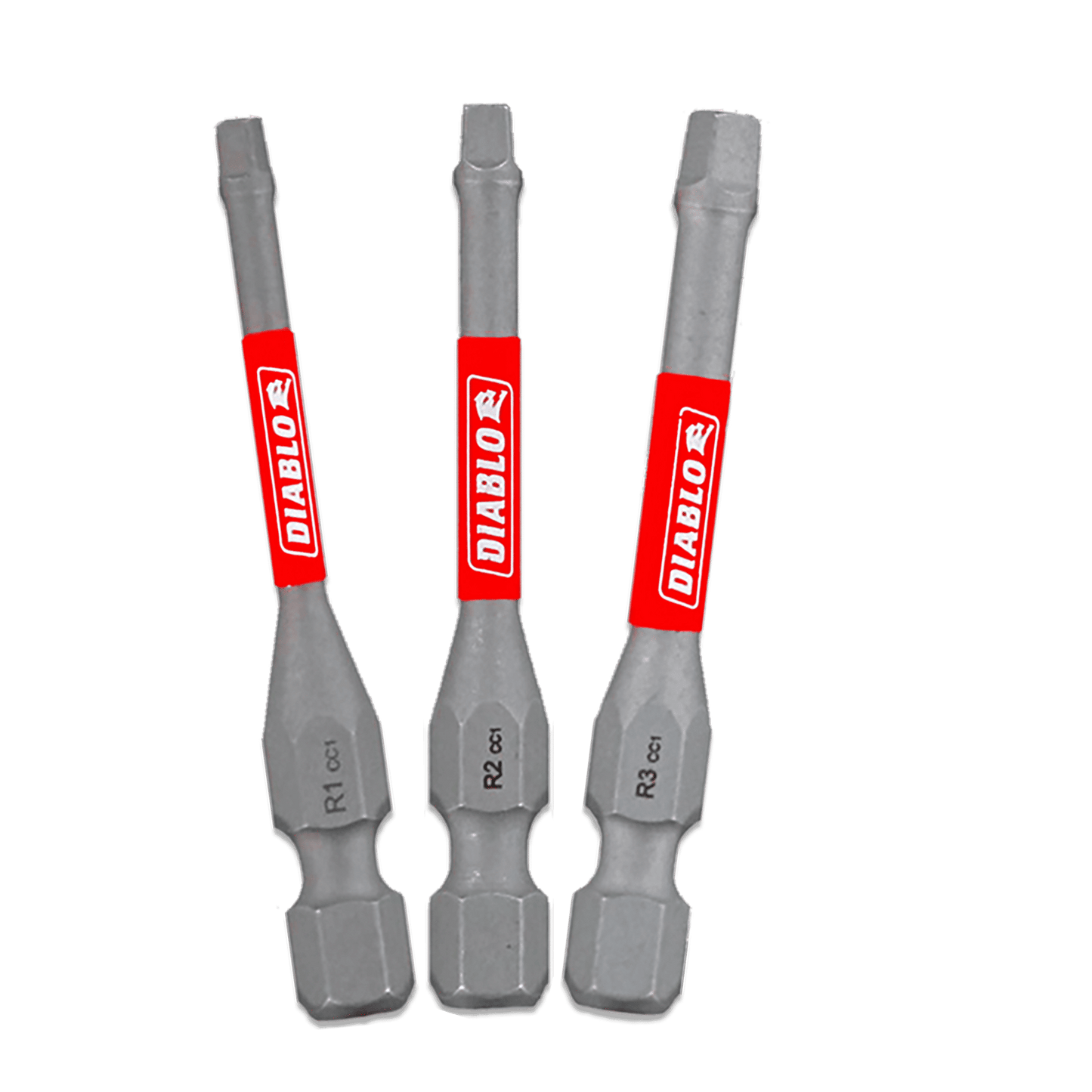 The Diablo DSQV2-S3 2 in. Square Drive Bit Assorted Pack (3-Piece) includes three hex bit drivers with a metallic gray finish and red labels in sizes R1, R2, and R3. Designed for tool use with Impact Strong™ durability and MaxTorque Zone for precision. The background is white.