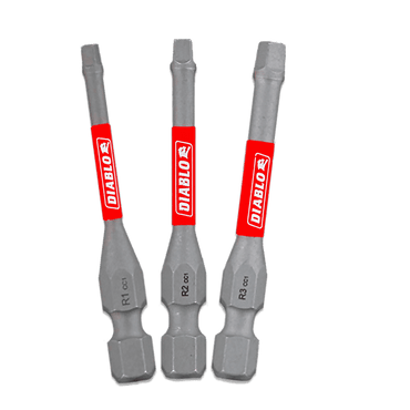 The Diablo DSQV2-S3 2 in. Square Drive Bit Assorted Pack (3-Piece) includes three hex bit drivers with a metallic gray finish and red labels in sizes R1, R2, and R3. Designed for tool use with Impact Strong™ durability and MaxTorque Zone for precision. The background is white.