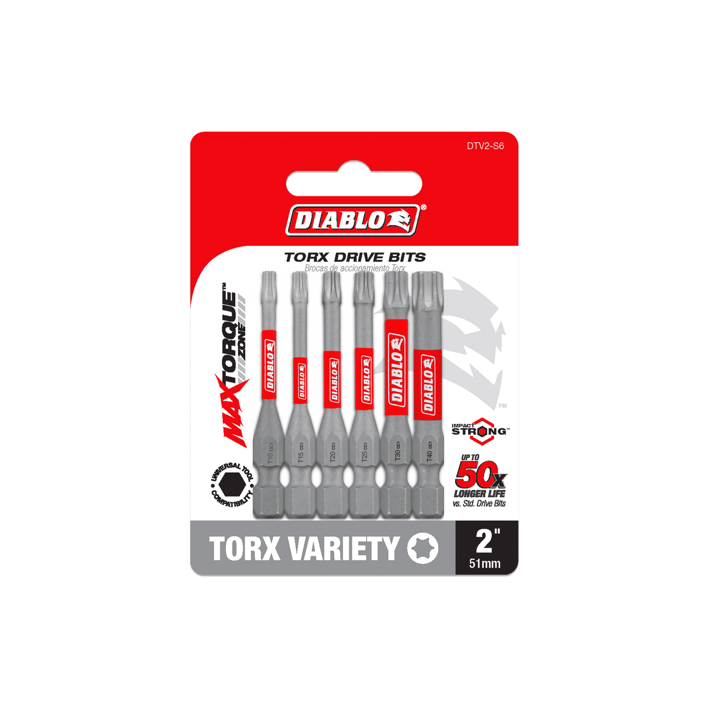 In front of a green backdrop, the Diablo DTV2-S6 package displays its six 2-inch Torx drive bits. The red and white design prominently features Torx Variety and highlights the MaxTorque Zone, ensuring youre ready for any task.