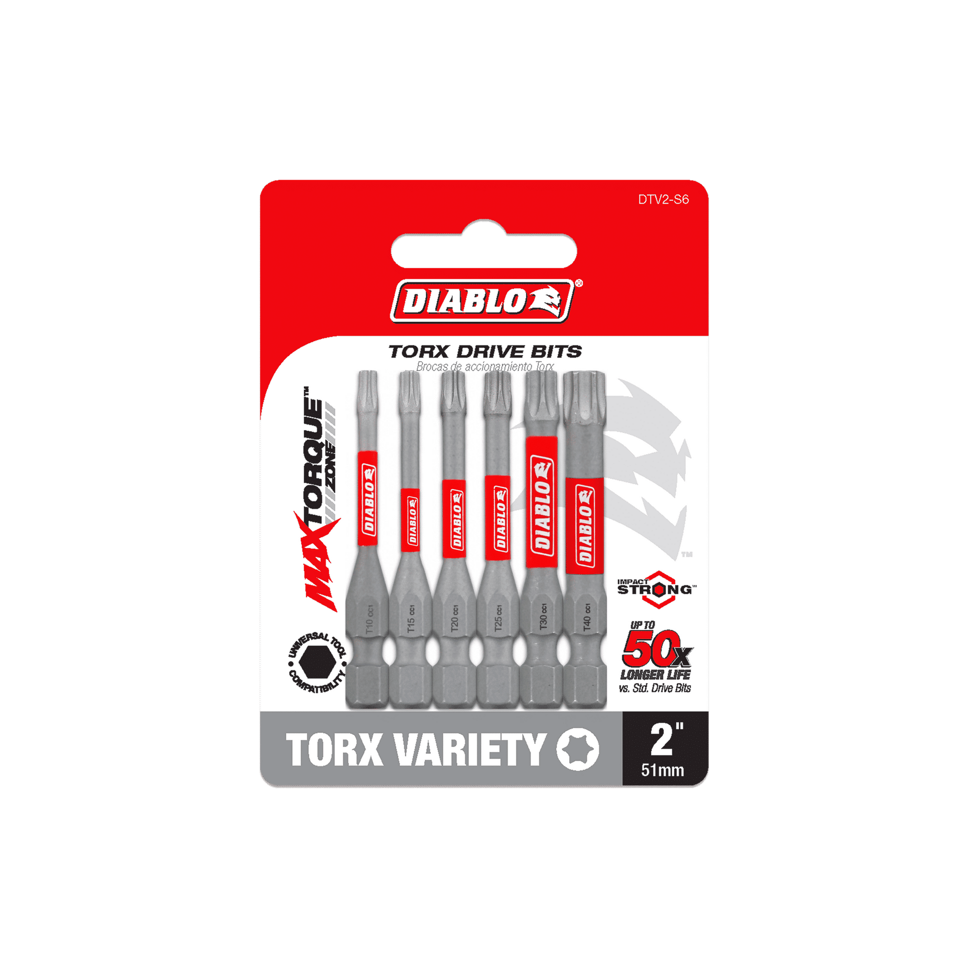 In front of a green backdrop, the Diablo DTV2-S6 package displays its six 2-inch Torx drive bits. The red and white design prominently features Torx Variety and highlights the MaxTorque Zone, ensuring youre ready for any task.