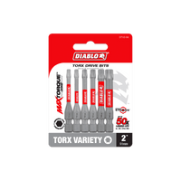 In front of a green backdrop, the Diablo DTV2-S6 package displays its six 2-inch Torx drive bits. The red and white design prominently features Torx Variety and highlights the MaxTorque Zone, ensuring youre ready for any task.