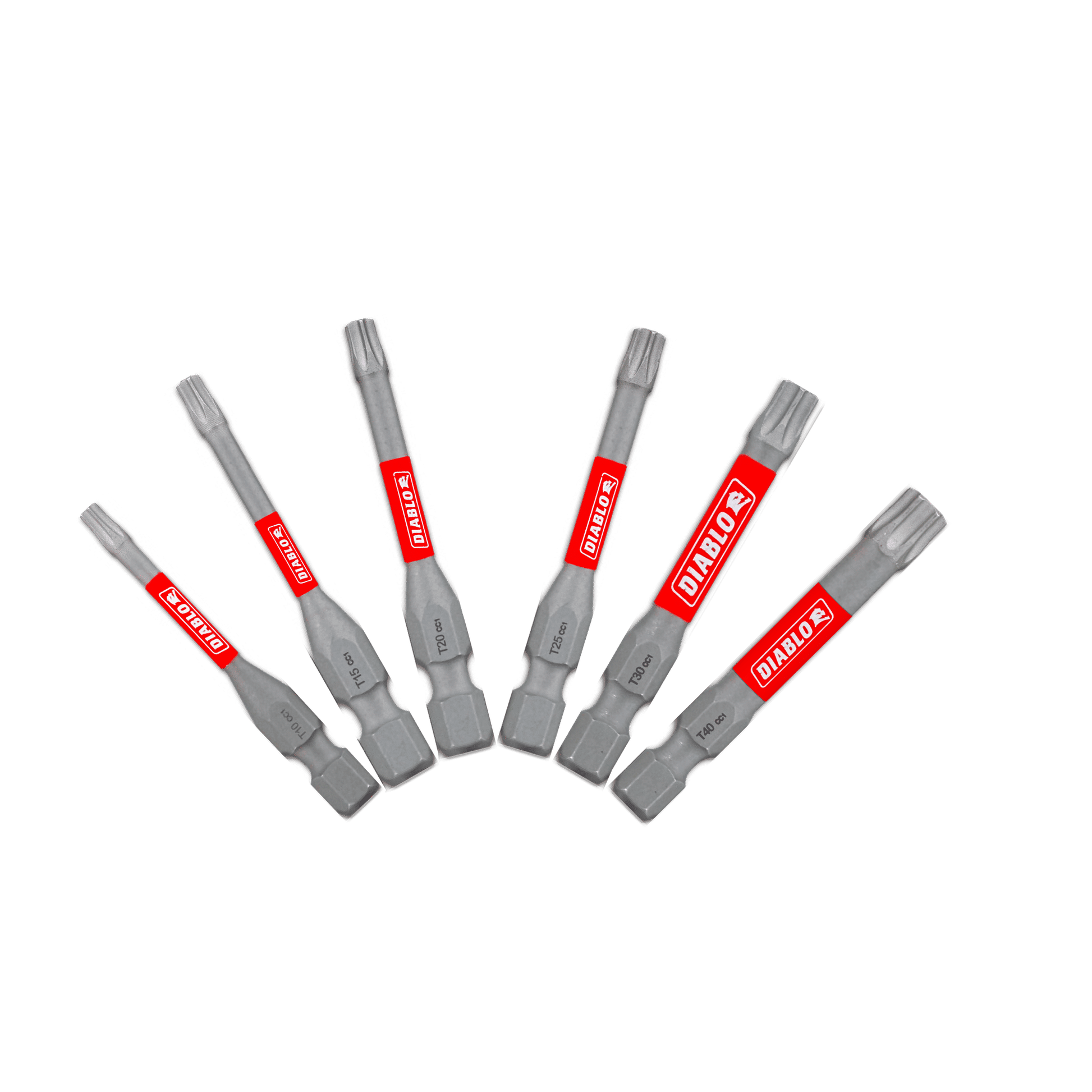 Six gray Torx bits, branded as DIABLO DTV2-S6 by Diablo, feature red and white text. Built for the MaxTorque Zone, these Impact Strong bits deliver exceptional durability for demanding tasks.