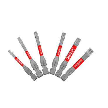 Six gray Torx bits, branded as DIABLO DTV2-S6 by Diablo, feature red and white text. Built for the MaxTorque Zone, these Impact Strong bits deliver exceptional durability for demanding tasks.