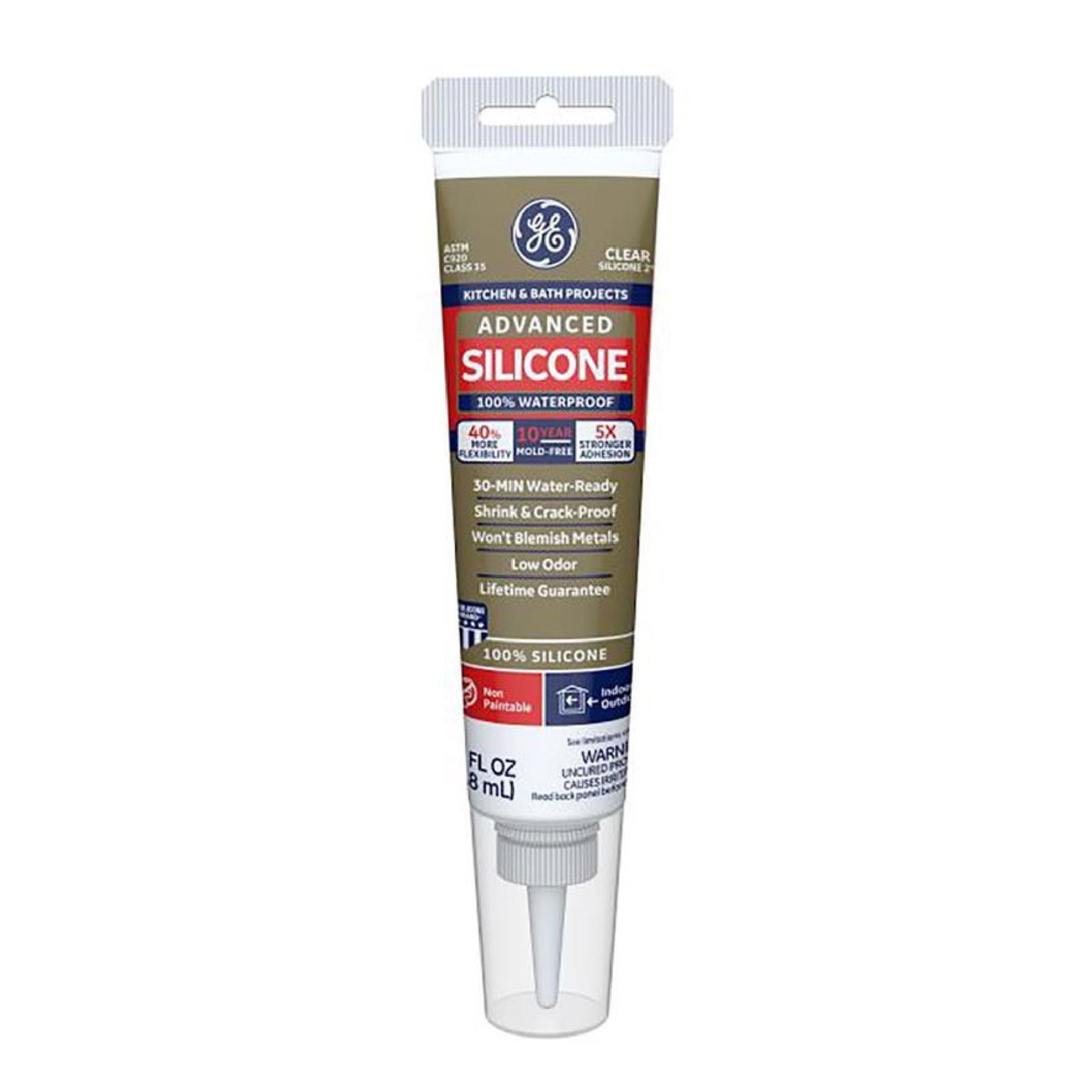 Meet the GE 2812563 Advanced 2.8 oz. Silicone II Kitchen and Bath Sealant in Clear. This sealant offers a watertight, shrink and crack-resistant seal in just 30 minutes, is low odor, 100% waterproof, and features sleek white and silver packaging—ideal for your kitchen and bath projects.