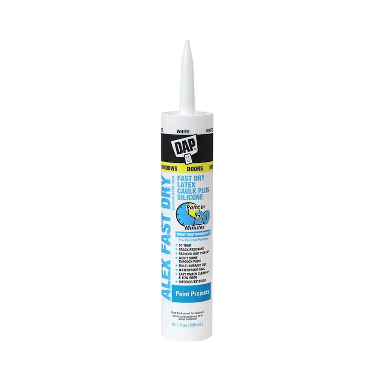 A DAP 18425 Alex Fast Dry Caulk stands upright against a white background. The tube is white with a pointed tip, featuring blue and black text that highlights its fast-drying, waterproof acrylic latex plus silicone formula for painting projects.