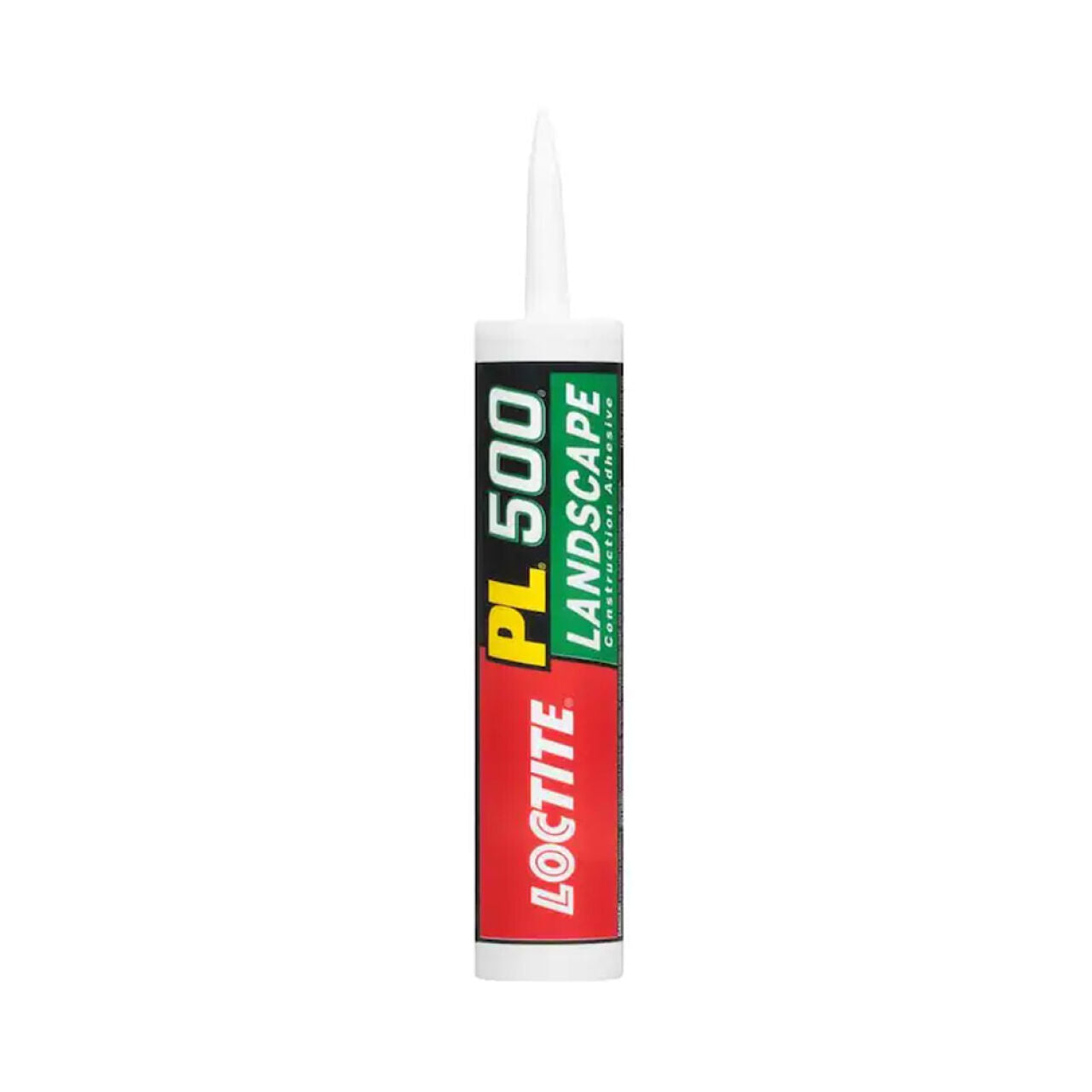 A 10 oz. tube of Go Build PL 500 Landscape Block Adhesive, known for its red and green label with an upward-pointing nozzle, is ideal for outdoor landscaping projects.