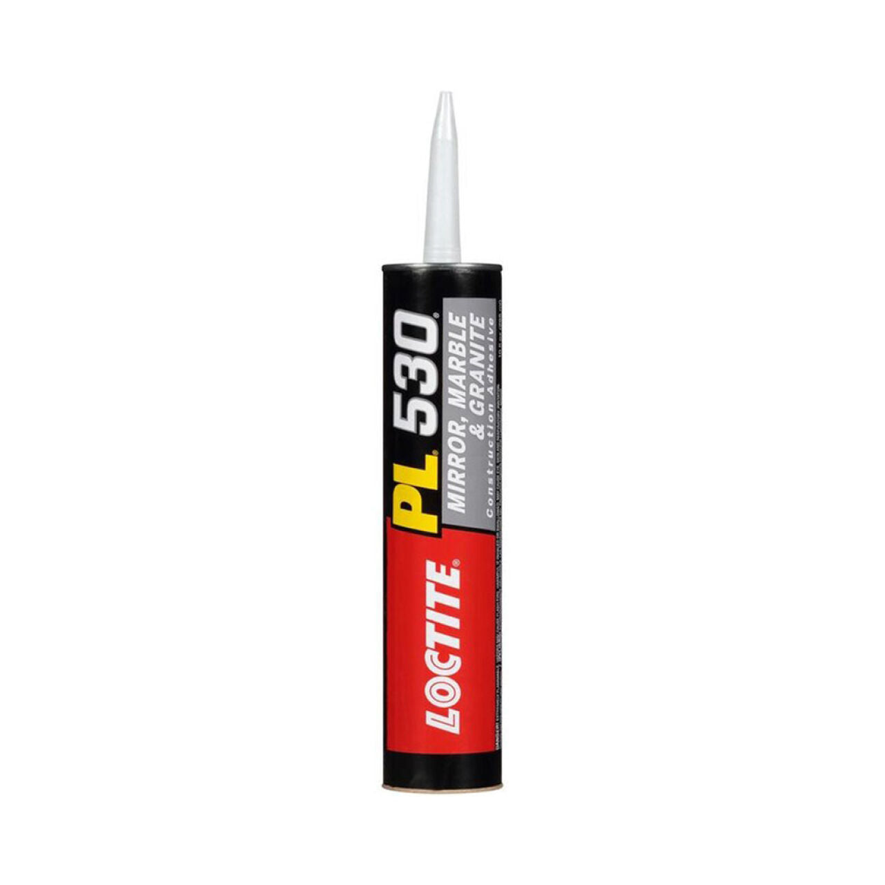 A tube of Go Builds 10 oz. PL 530 Mirror, Marble & Granite Adhesive stands upright for mirror adhesion, with bold yellow text on a black and red label. Ideal for countertops, it features a capped white nozzle.