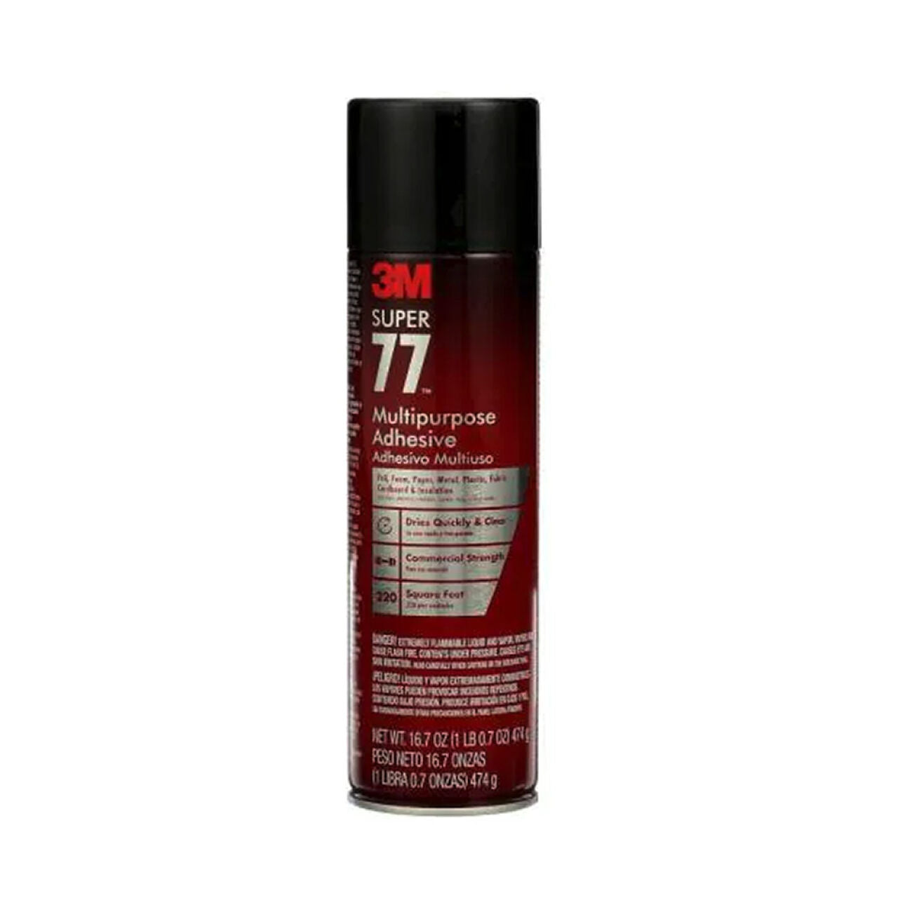 A 16.75 oz. can of Go Build Super 77 Multi-Purpose Spray Adhesive with a black cap and red label, offering fast drying and commercial strength for versatile bonding on various surfaces.