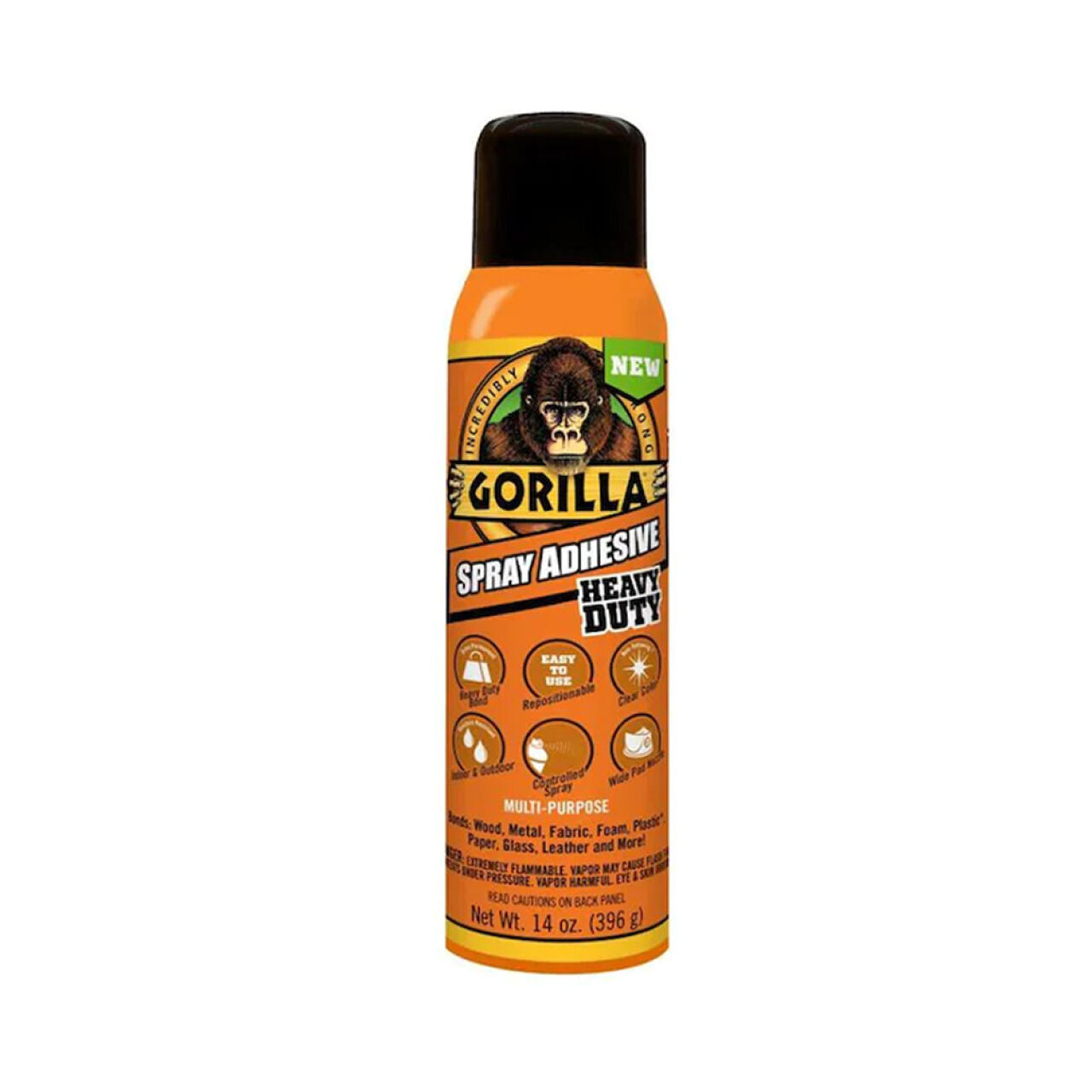 The GORILLA 6301502 Heavy Duty 14 oz. Spray Adhesive comes in an orange can and is designed to create a moisture-resistant, heavy-duty bond. It is suitable for use on wood, metal, fabric, foam, and more. The can includes easy-to-follow instructions and safety icons for convenience.