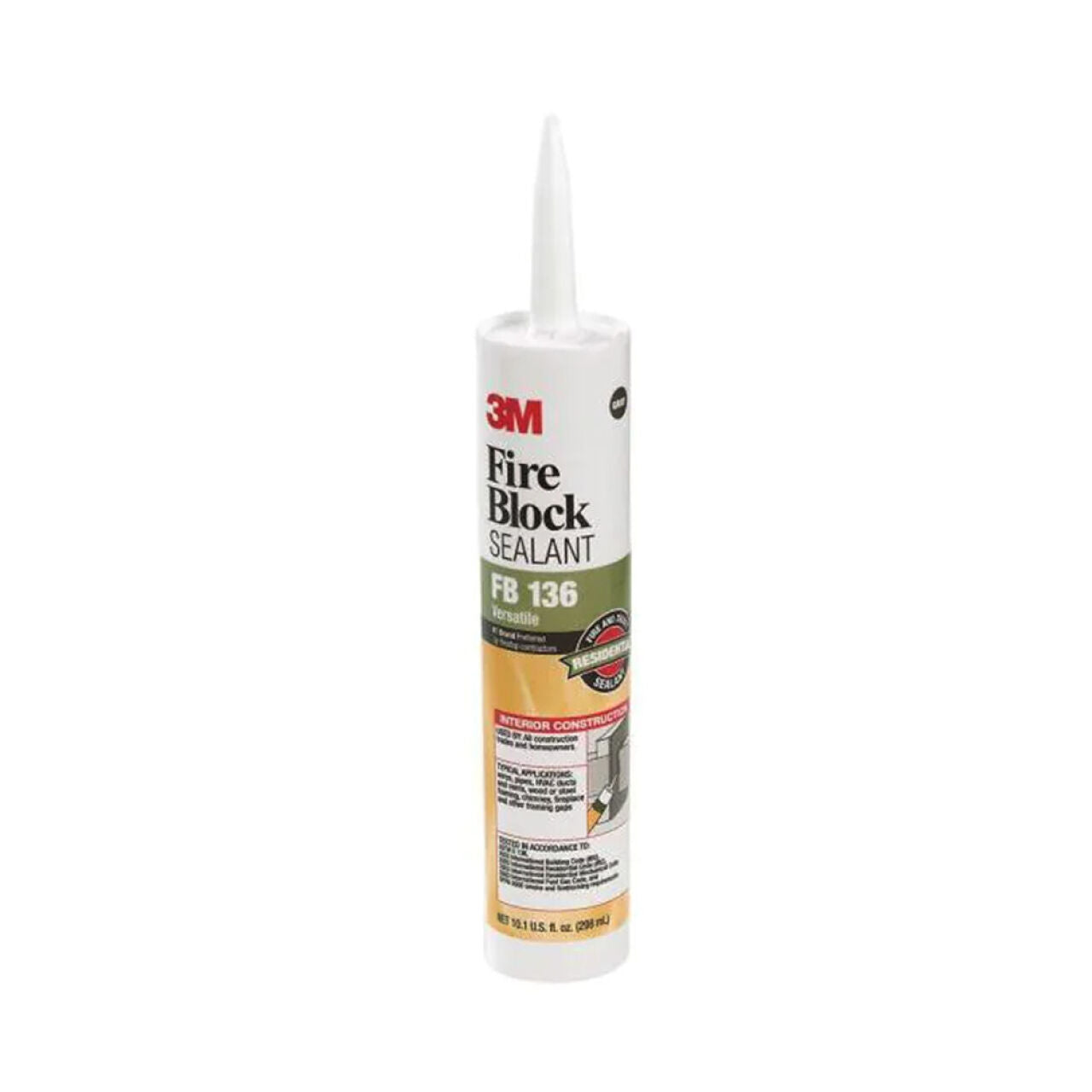 A gray 10.1 oz. tube of Go Build Fire Block FB 136 Sealant features a pointed nozzle, meets fire blocking requirements, and has a label with product details and an interior use seal icon.