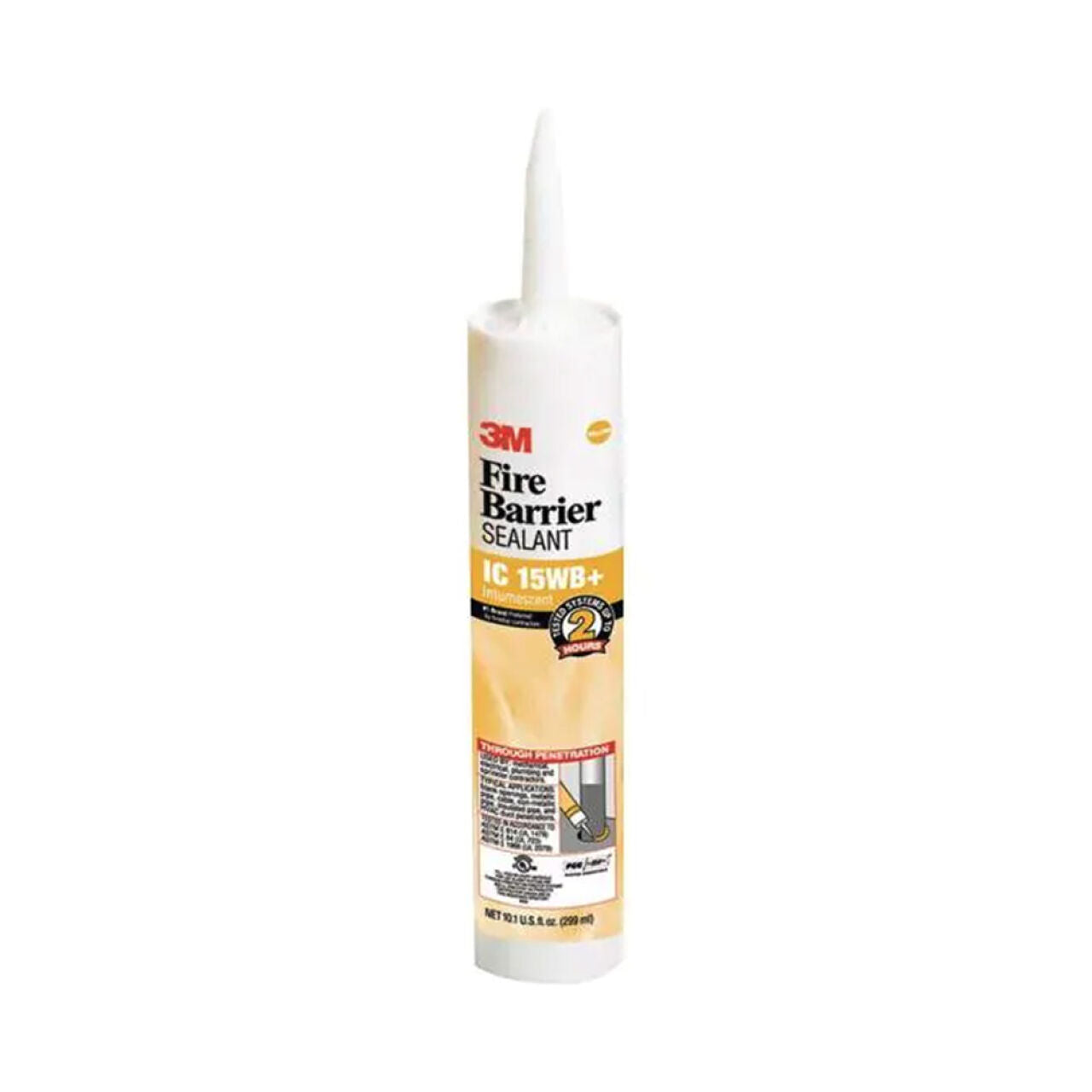 A 10.1 oz. tube of Go Builds Fire Barrier Plus Latex Sealant - Yellow with a pointed nozzle is prominently displayed. The label uses red and black text with images, illustrating its applications for enhanced safety and reliability in firestopping, and its CPVC compatible.