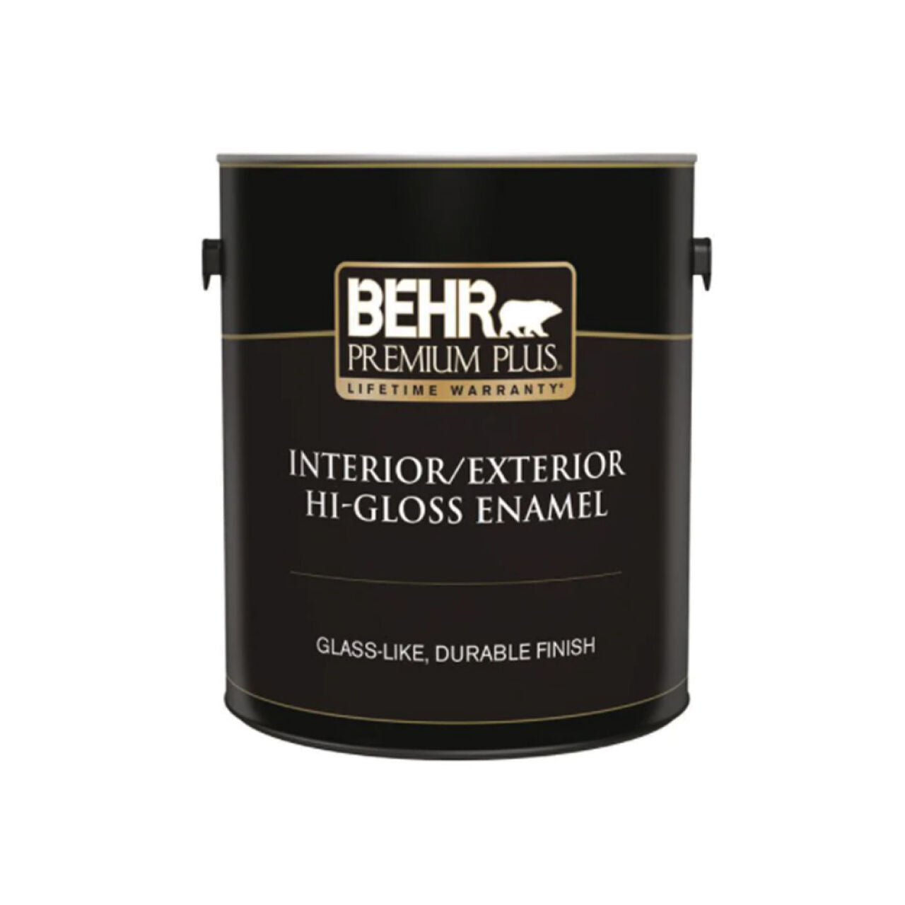 The sleek black paint can proudly displays the Go Build label, featuring its 1 gal. Interior/Exterior Hi-Gloss Enamel Paint in Pure Black, promising a glass-like, durable finish that stands the test of time.