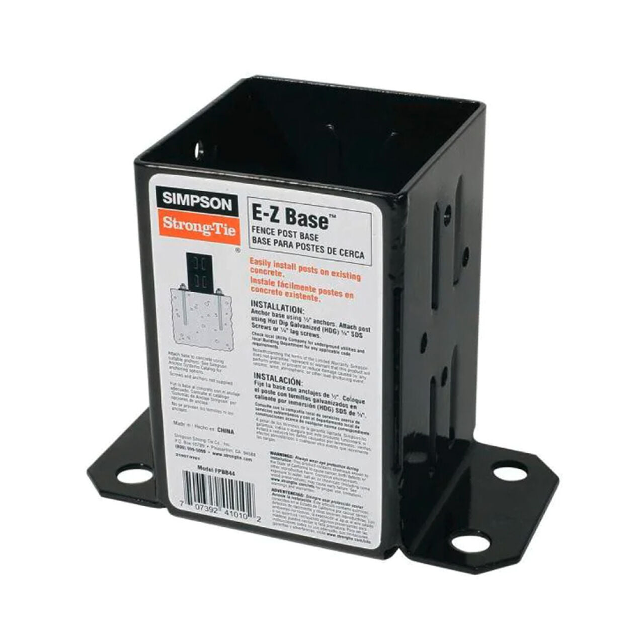 Simpson Strong-Ties E-Z Base Black Powder-Coated Post Base is designed for 4x4 nominal lumber, featuring bolt holes for secure mounting. It includes a label with product details and installation instructions, making it an ideal retrofit solution.