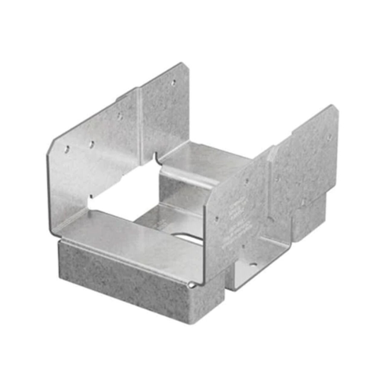 The Go Build Galvanized Adjustable Standoff Post Base for 4x6 nominal lumber supports or connects structures with a shiny, silver appearance and multiple holes for versatile mounting.