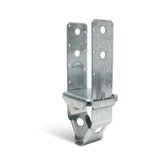 The Go Build Galvanized Standoff Post Base for 4x4 Nominal Lumber features a U-shaped design with multiple mounting holes, two vertical flanges, and a square bottom connector. Its perfect for securing posts to concrete or wood surfaces, ensuring strength and durability.