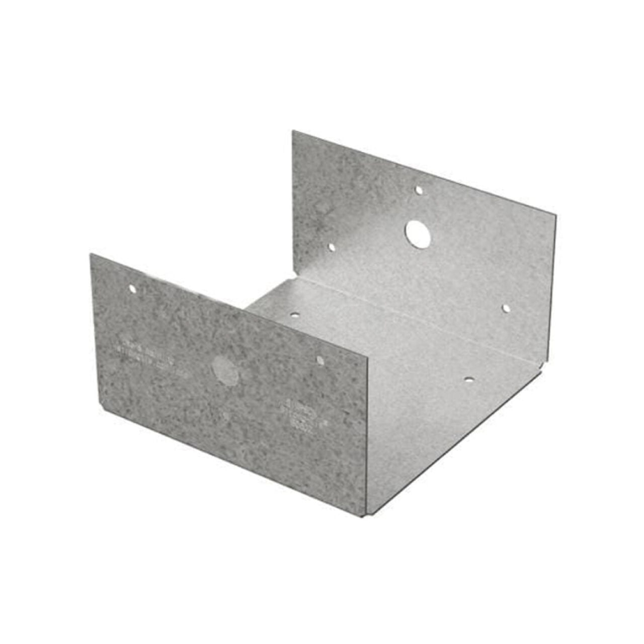 A Go Build Galvanized Post Base for 6x Nominal Lumber with pre-drilled holes, set against a white background. It features a right angle design, ideal for construction or shelving projects.