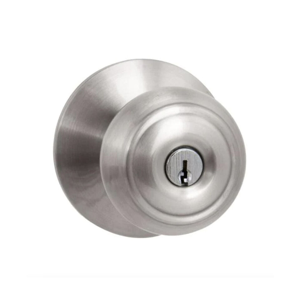 A close-up of the Go Build Hartford Keyed Entry Door Knob in satin nickel, featuring an adjustable backset and central keyhole, against a plain white background.