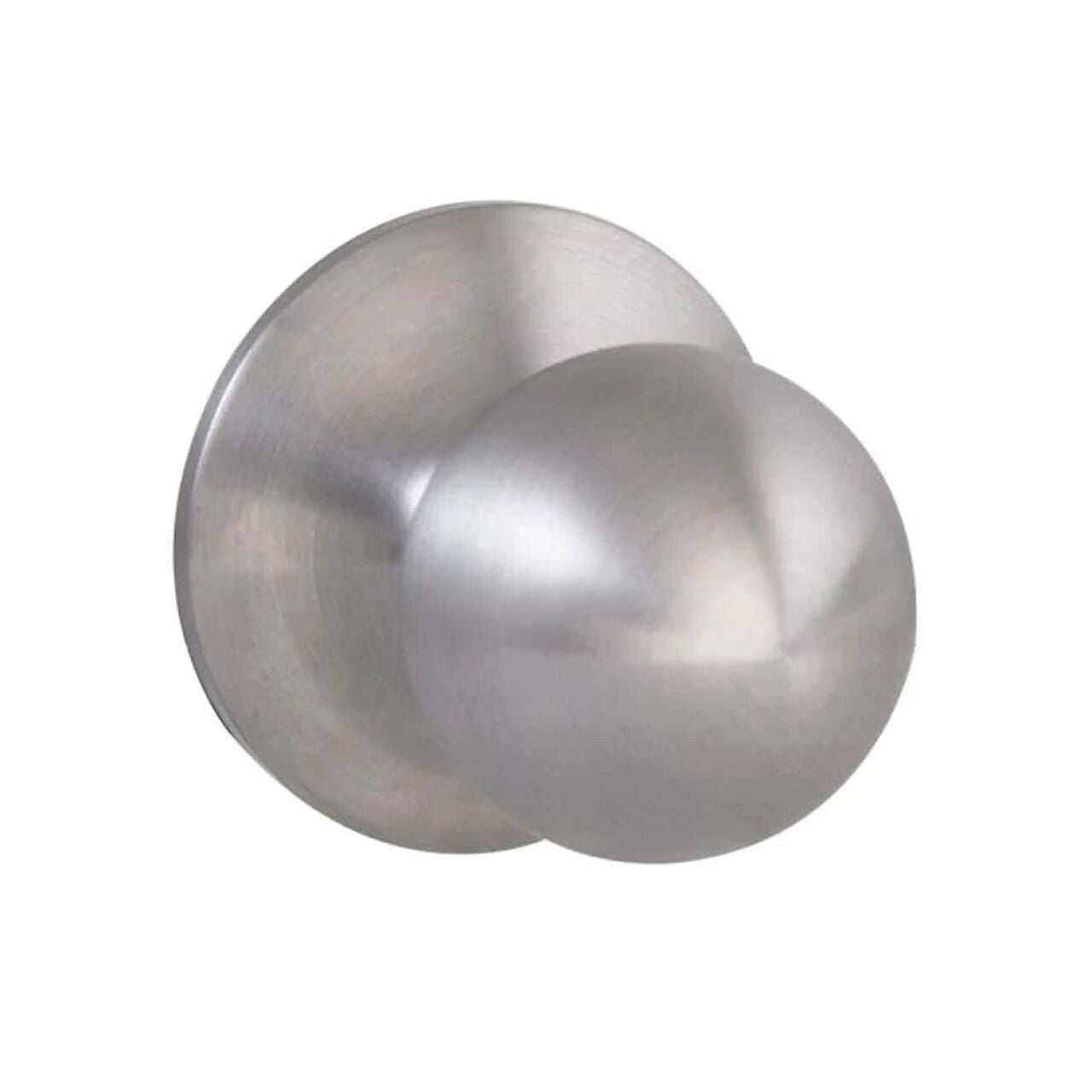 The Go Build Saturn Passage Door Knob - Stainless Steel showcases a brushed finish with a smooth, round surface and circular base plate, elegantly set against a white background.