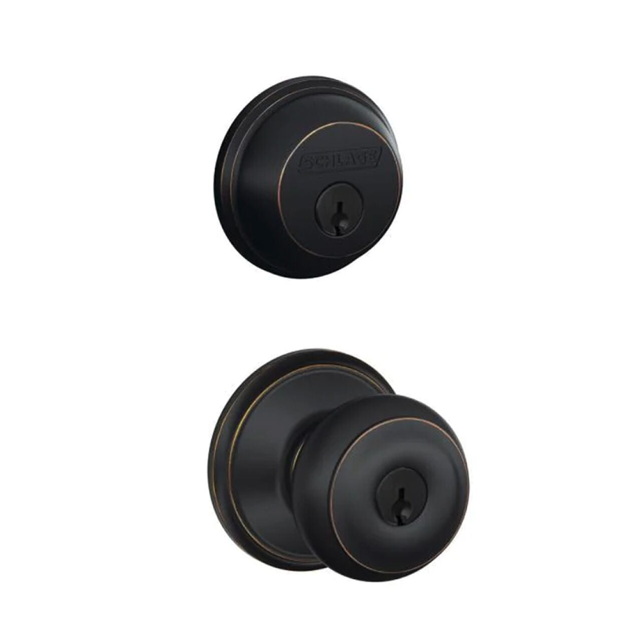 A black round door knob and a deadbolt set on a plain white background, each featuring a keyhole. The Georgian Entry Door Knob, with aged bronze accents, is part of Go Builds Single Cylinder Deadbolt with Georgian Entry Door Knob - Aged Bronze collection.