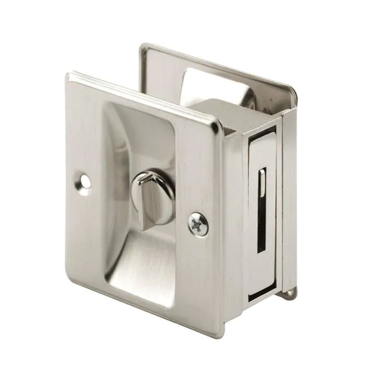 The Go Build Pocket Door Privacy Lock in satin nickel features a square design with a central rectangular turn handle, recessed pull, and front plate with two visible screws. Its reversible design includes a latch mechanism slot from the side view.