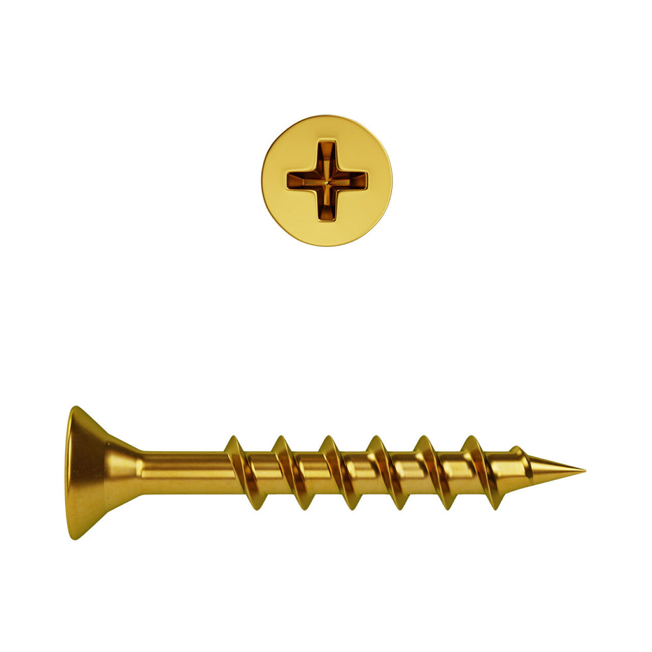 The #6 x 2 in. Phillips Bugle-Head Coarse Thread Gold Screws by Go Build are ideal for woodworking, shown from the top to highlight the Phillips head and from the side to display its threaded shaft and flat head, all set against a clean white background.