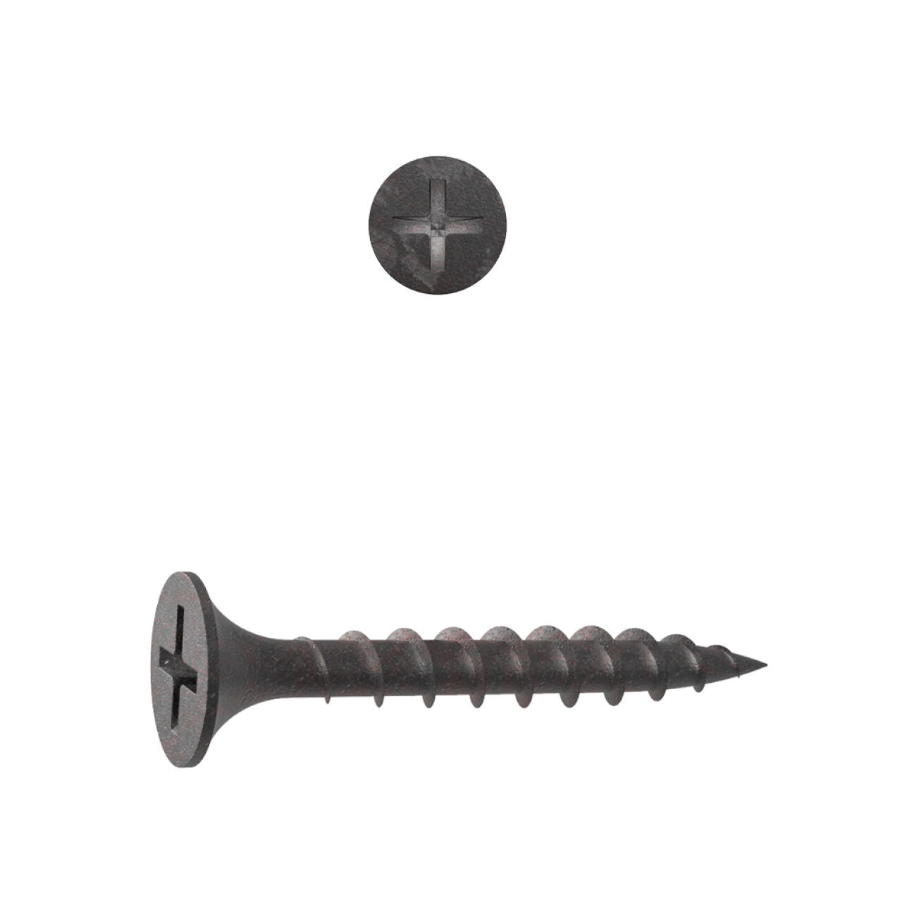 A black, phosphate-coated #6 x 1 in. Phillips-head drywall screw by Go Build lies horizontally with the tip pointing right; above it is a top-down view displaying its cross-shaped indentation. The background is plain white.