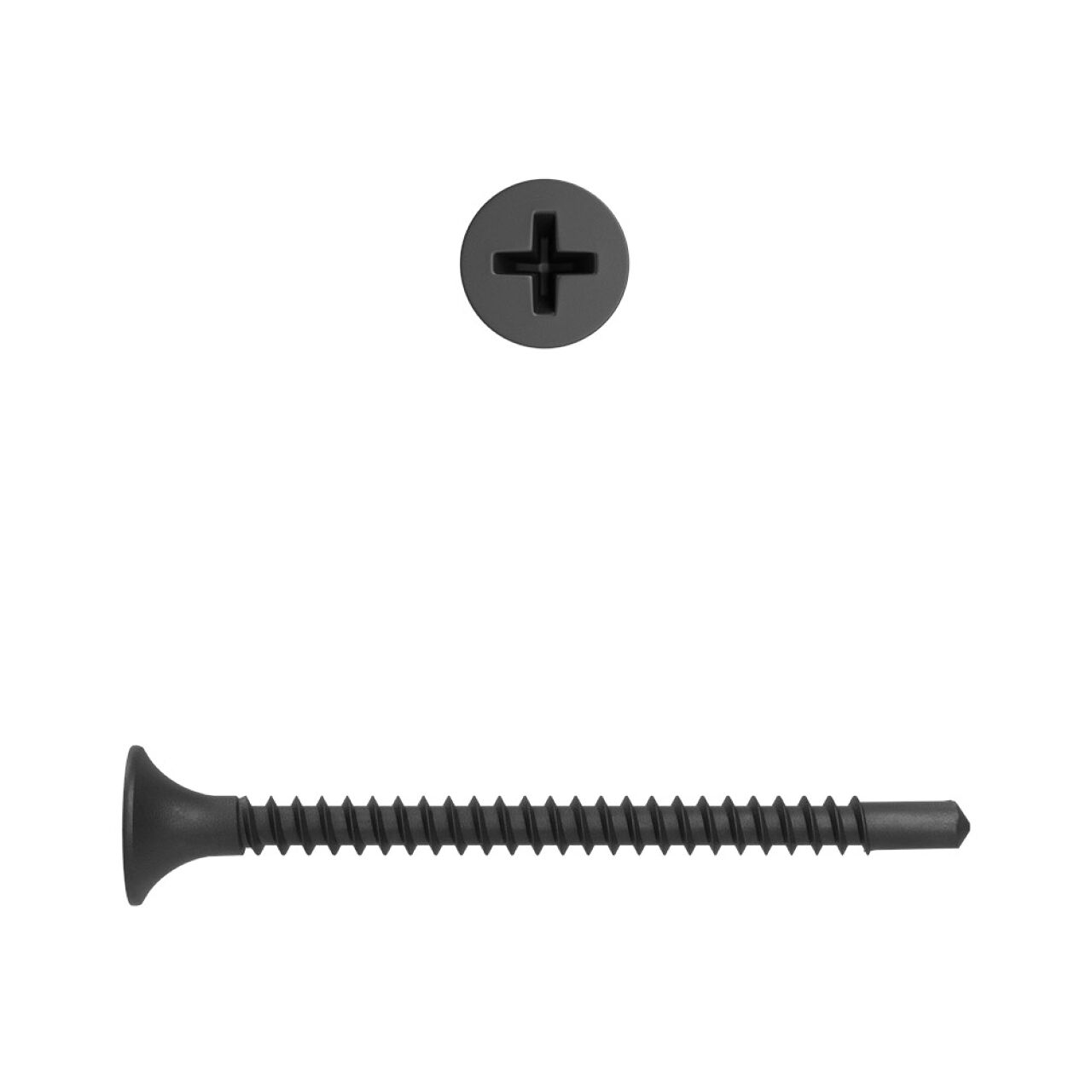 A Go Build #6 x 1-5/8 in. black self-drilling drywall screw with a Phillips head and sharp tip lies horizontally, featuring a cross-shaped indentation visible from above, ideal for securing gypsum boards with its fine thread design.