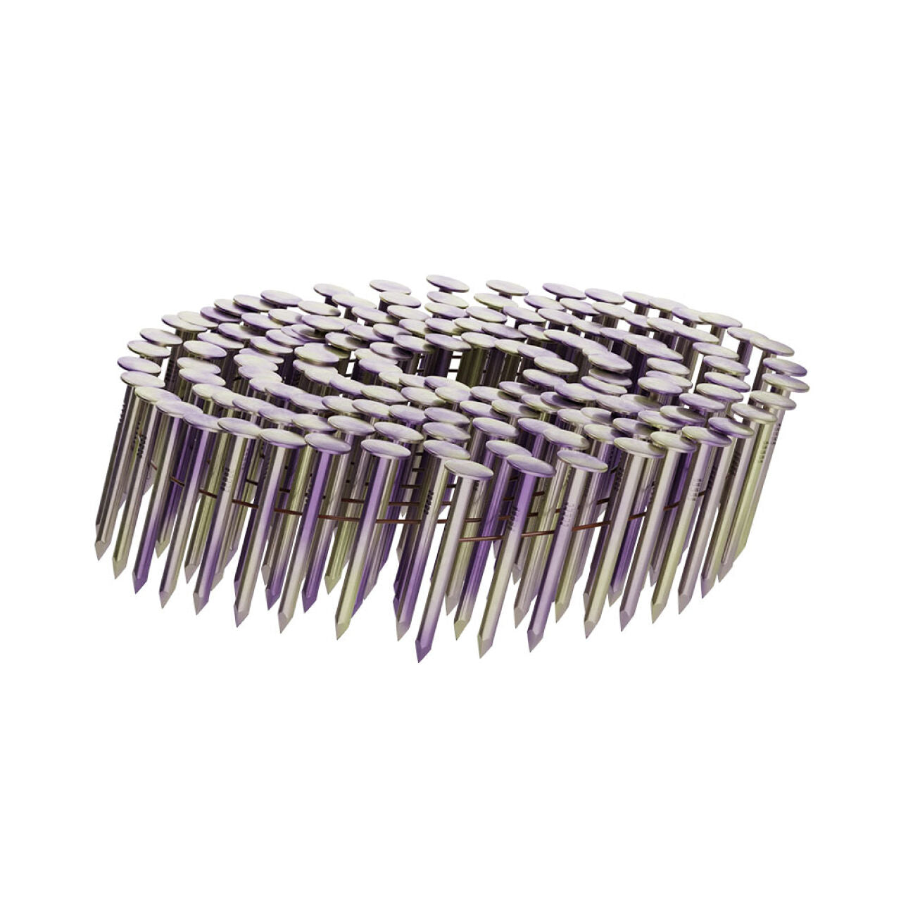 A coiled strip of Go Builds 1-1/4 in. Smooth Galvanized Coil Roofing Nails (7200/Pack) is arranged on a white backdrop. These nails, ideal for power nailers, have flat heads and pointed tips for efficient shingle securing.