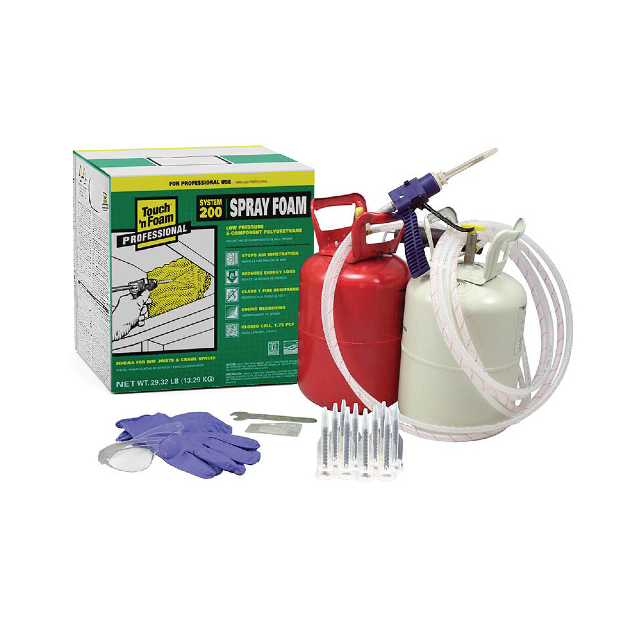 The Go Build 2-Component Spray Foam Insulation Kit includes red and white canisters connected by hoses, a nozzle, gloves, mixing nozzles, a wrench, and tools. Its designed for efficiency to cut energy costs.