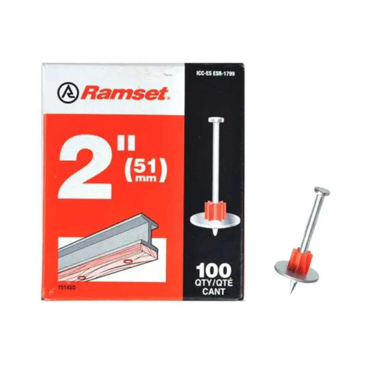 The image depicts a Ramset 1514SD pack containing 100 drive pins, each 2 inches long. It features nail and track imagery along with a single pin that includes a red plastic part and washer. Suitable for powder actuated tools.