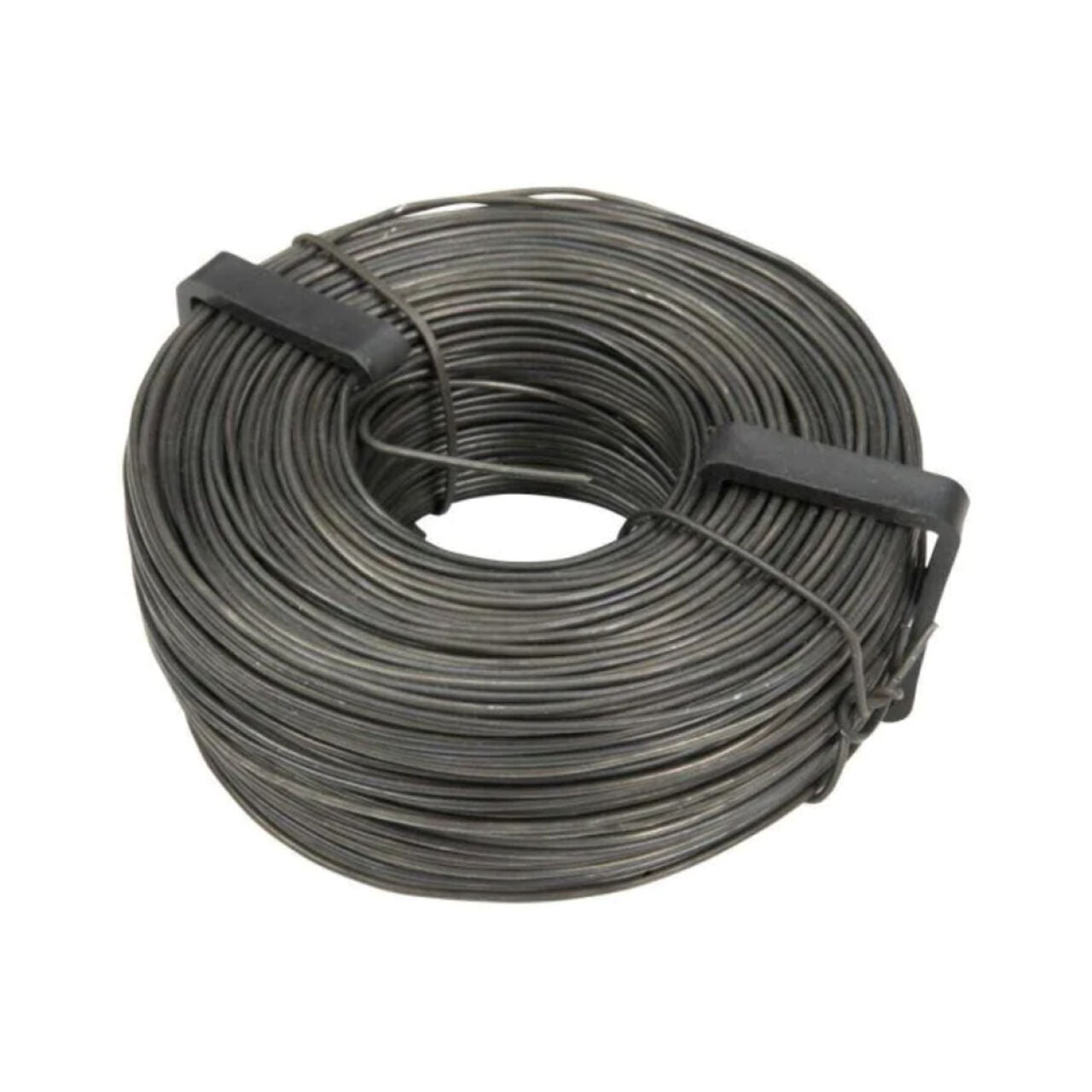 A coiled roll of black Grip-Rite TW16312I 16 gauge, 3.5 lb. rebar tie wire secured with two black plastic straps.