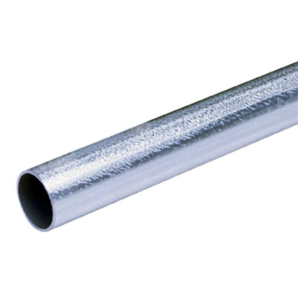 Close-up of a Go Build 1/2 in. x 10 ft. EMT Conduit with a textured surface, shown diagonally against a white background, highlighting its hollow interior and smooth, E-Z Pull-coated exterior for enhanced protection.